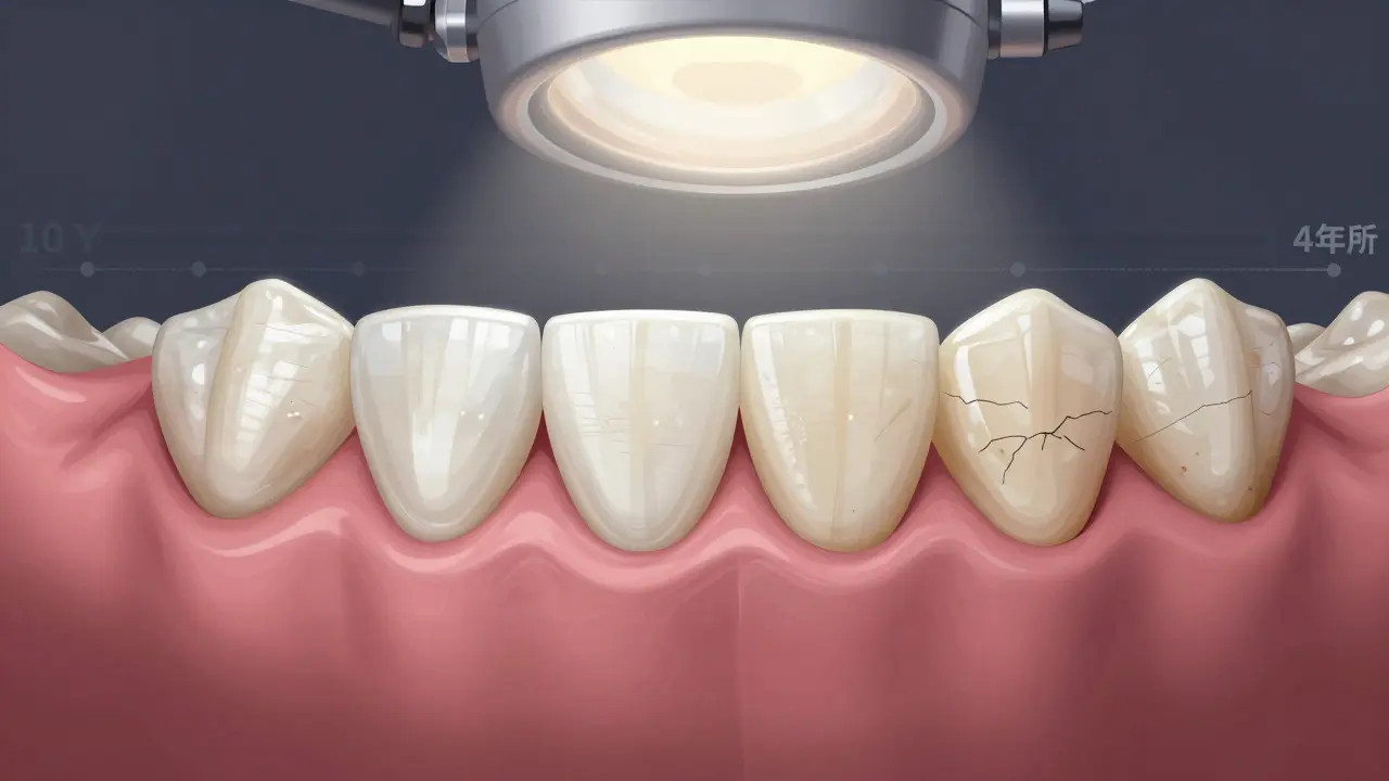 Úsměv pod zubní lampou: keramická fazeta připomíná přirozený zub, kompozitní má mikrotrhliny a skryté skvrny od kávy.