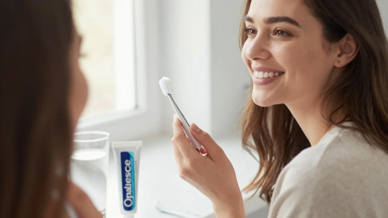 Žena se usmívá do zrcadla s jasnějšími zuby, vedle ní stojí zubní pasta a sklenice vody.