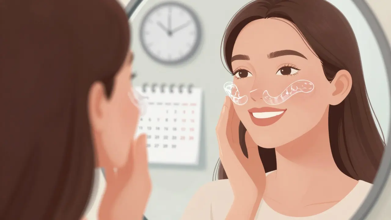 Žena si hladí úsměv v zrcadle s téměř neviditelnou částečnou protézou pro přední zub.