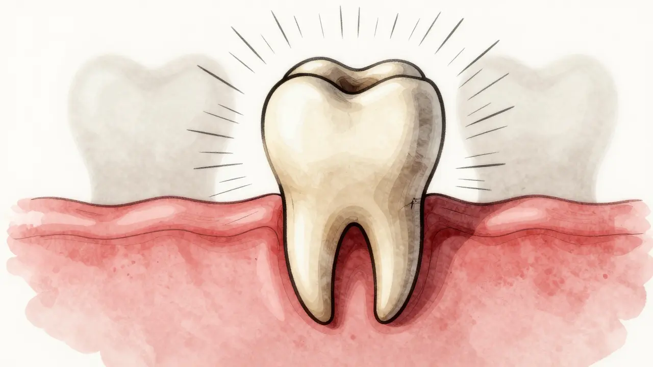 Zub moudrosti rostoucí šikmo pod dásní, tlačící na sousední zub.