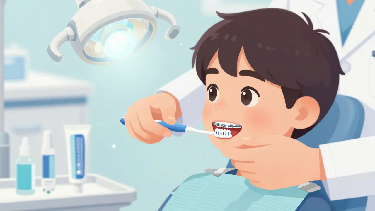 Zubní hygienistka ukazuje pacientovi, jak používat mezizubní kartáček při rovnátkách.