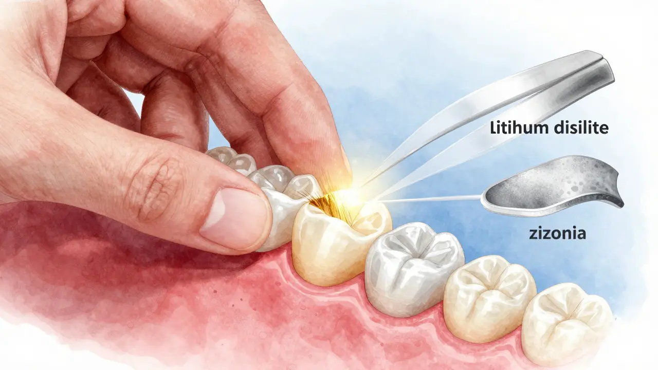 Zubní lékař přilepuje fazetu z disilikátu lithného na připravený zub pod jemným světlem.