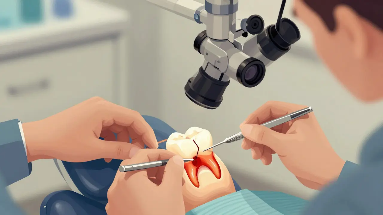 Zubní lékař prohlíží zub pomocí mikroskopu, kde je prasklina zvýrazněna červenou barvou.