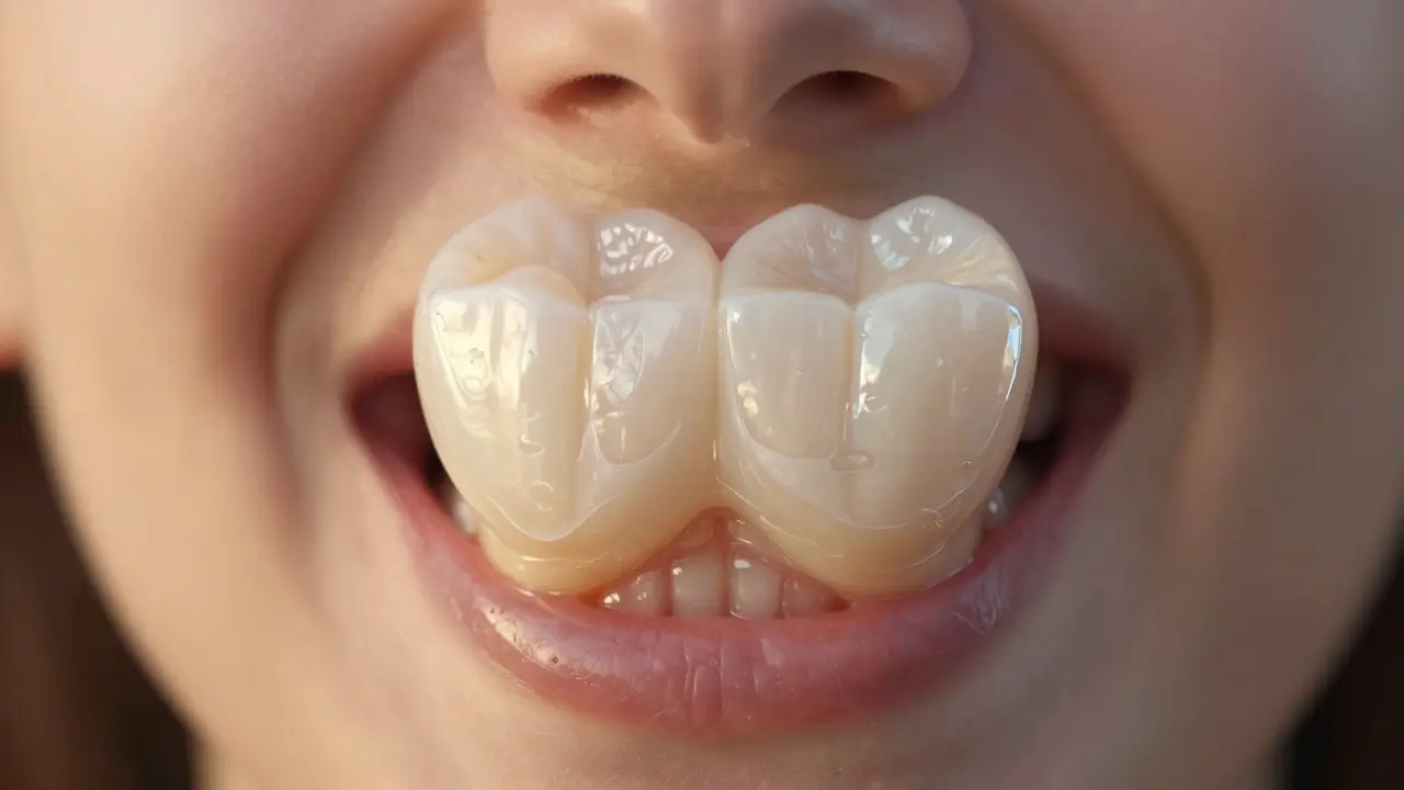 Zvětšený pohled na keramickou fazetu, která odráží přirozené světlo jako zubní sklovina.