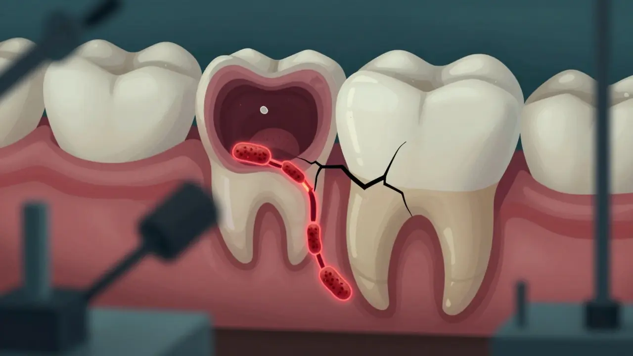 Zvětšený pohled na trhlinu v zubu s bakteriemi pronikajícími do nitra.