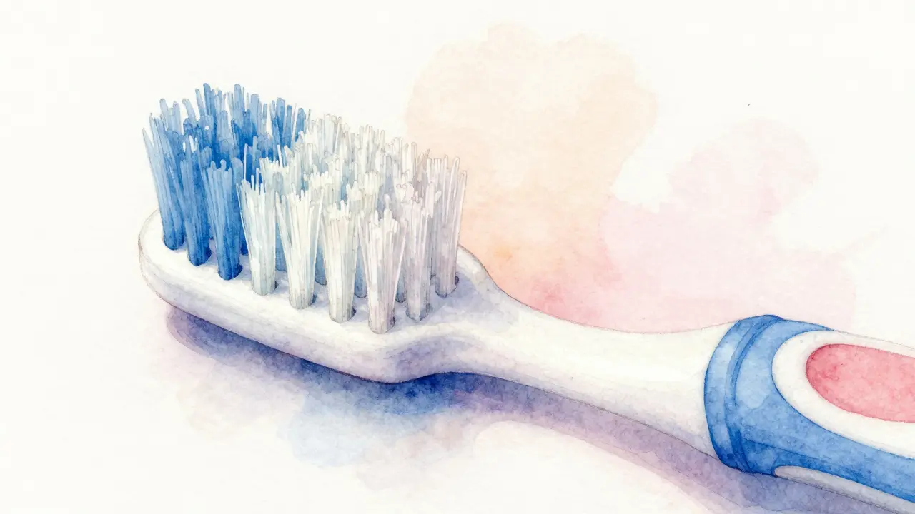 Blízký pohled na jemné štětce dětského kartáčku s 5460 vlásny.