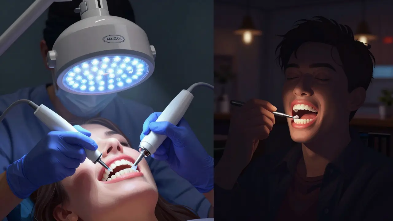 Contrast between professional dental whitening and unsafe at-home treatment in a café.