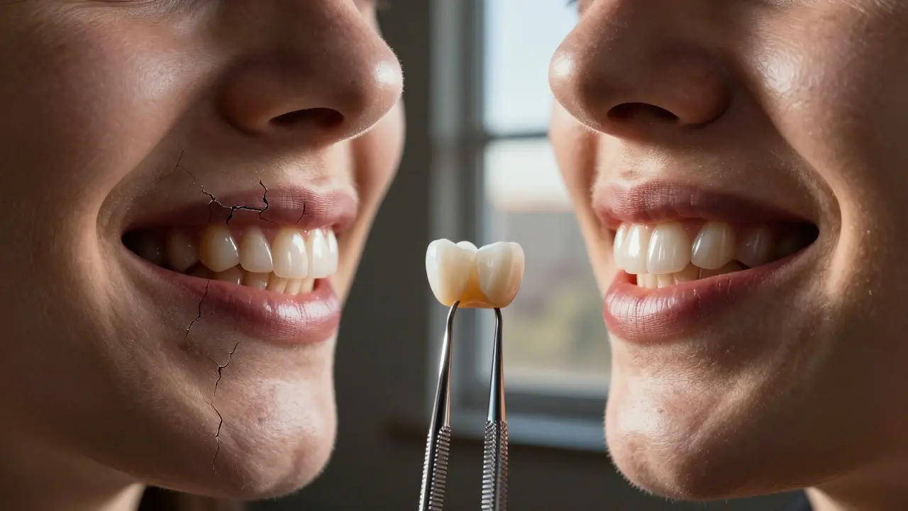 Contrasting image of damaged teeth versus restored smile with ceramic veneers under natural light.