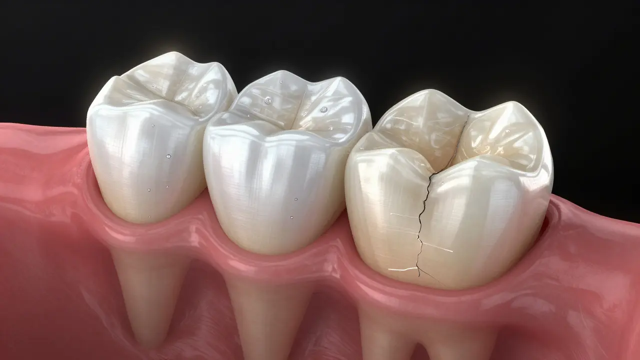 Cross-section of a tooth showing Deflex's nanohybrid structure compared to a degraded traditional filling.