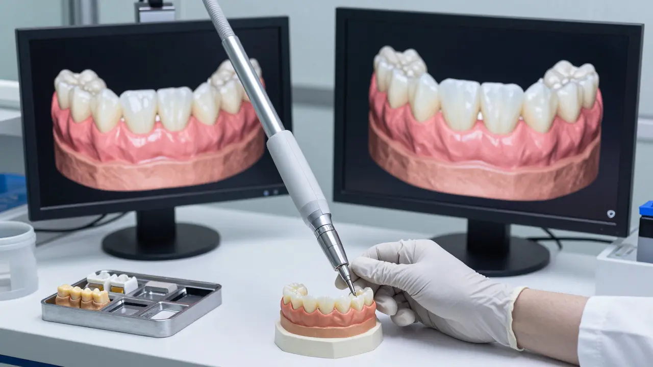 Dental technician scanning a tooth and viewing a digital crown design on a monitor.