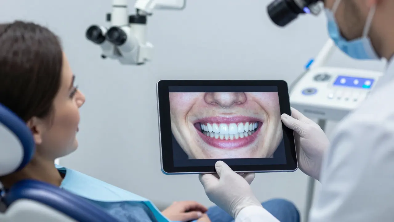 Dentist ukazuje pacientovi digitální simulaci před a po aplikaci keramických fazet v klinice v Brně.