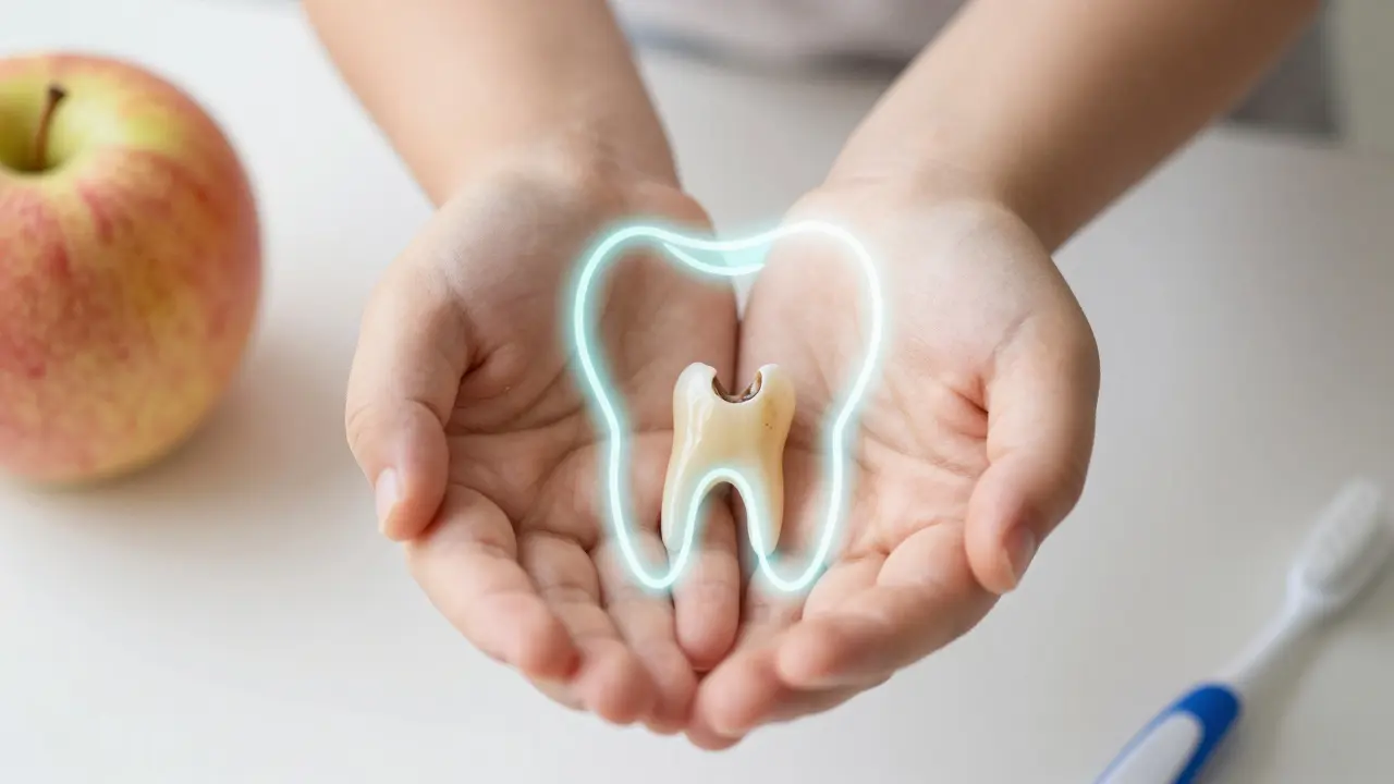 Dítě drží spadlý mléčný zub v dlani, symbolické světlo naznačuje růst trvalého zubu.