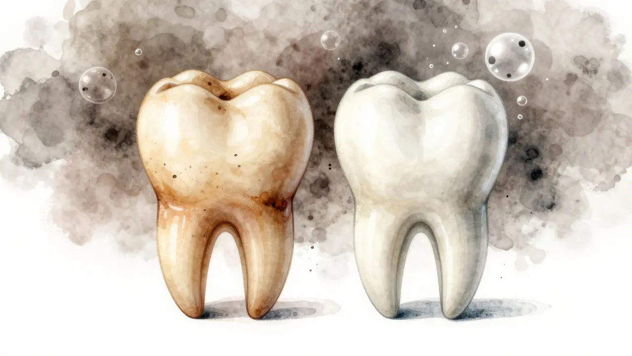 Dva zuby: jeden znečištěný kávou a vínem, druhý zářivě bělý s rozkládajícími se pigmenty.