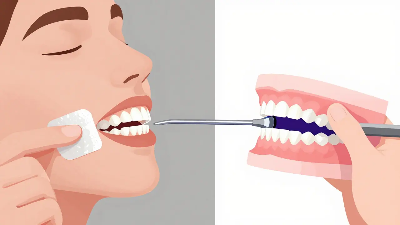Dvě strany: jedna ukazuje nerovnoměrné bělení páskami, druhá profesionální bělení u dentisty.