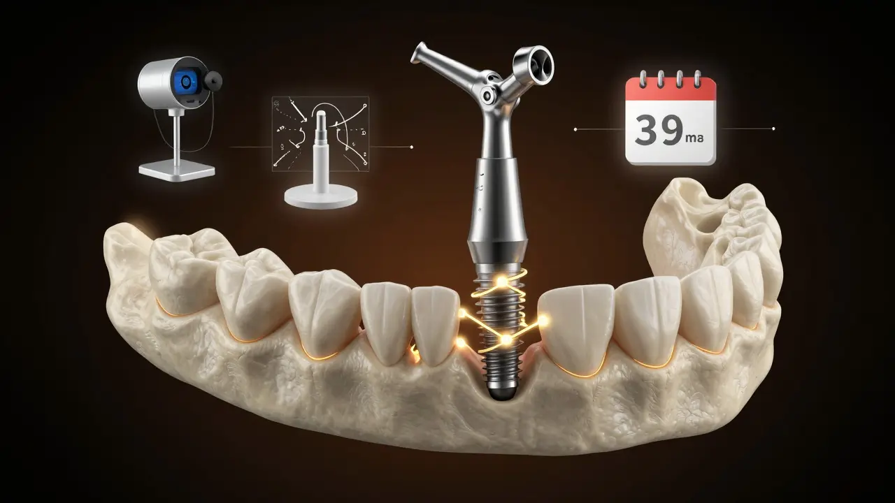 Jawbone with dental implant integrating, glowing connections, 3D scanner and timeline icons