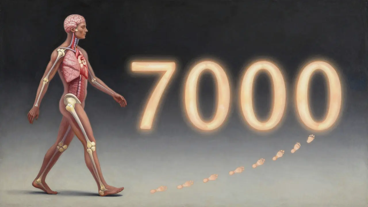  lidské tělo s rozsvícenými orgány a stopami kroků tvořícími číslo 7 000.