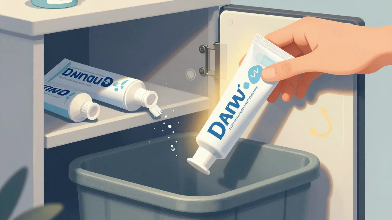 Nová zubní pasta nahrazuje starou v recycle binu, symbolizující obnovu.