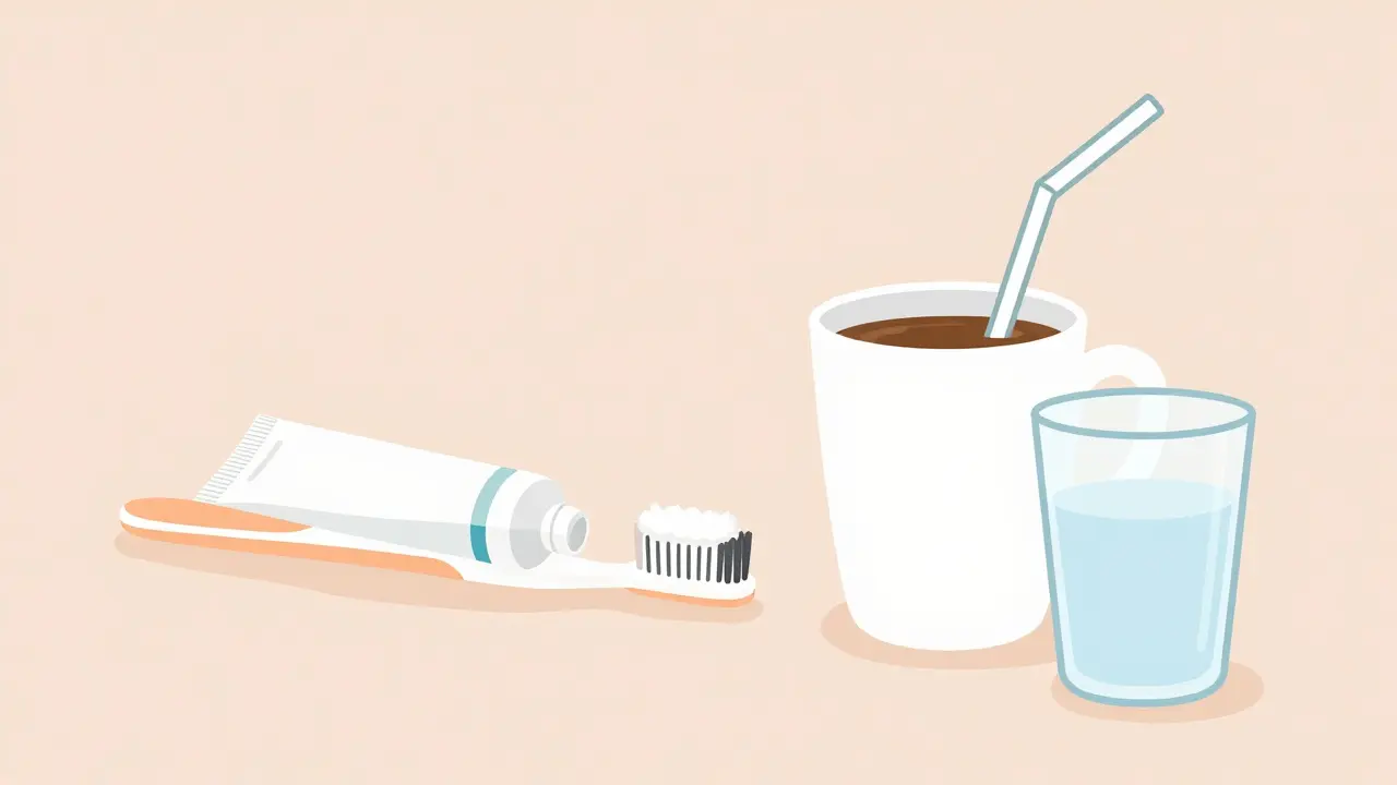 Osoba čistí zuby měkkou kartáčkou a fluoridovou pastou