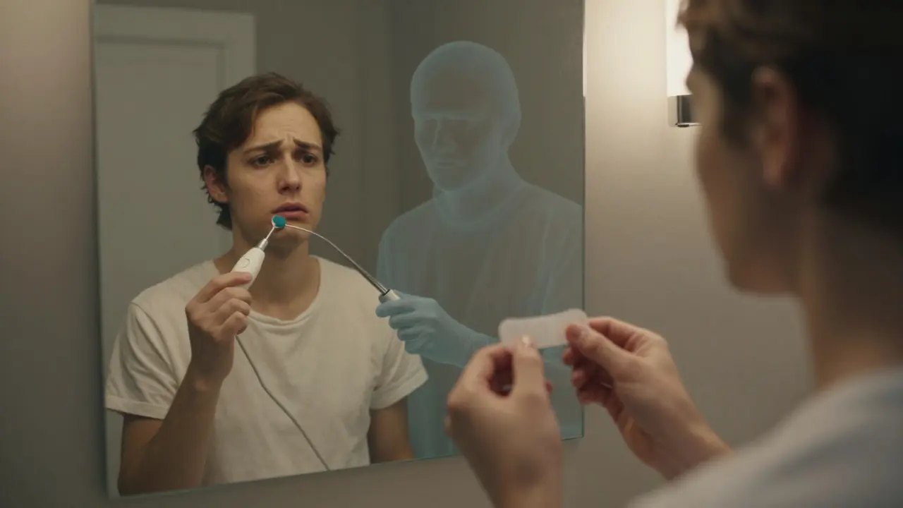 Osoba před zrcadlem s bělicí páskou, za ní průhledný obraz hygienistky odstraňující zubní kámen.
