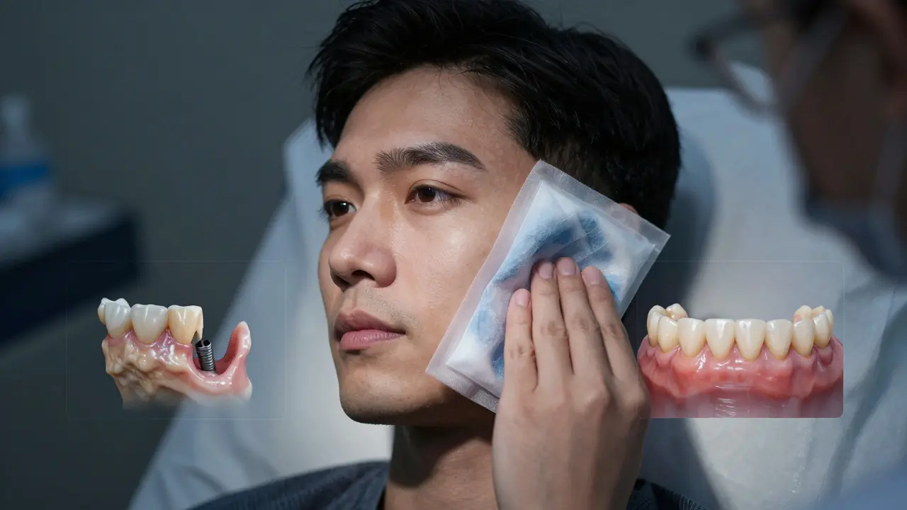 Patient recovering after implant surgery with before-and-after jaw visualization