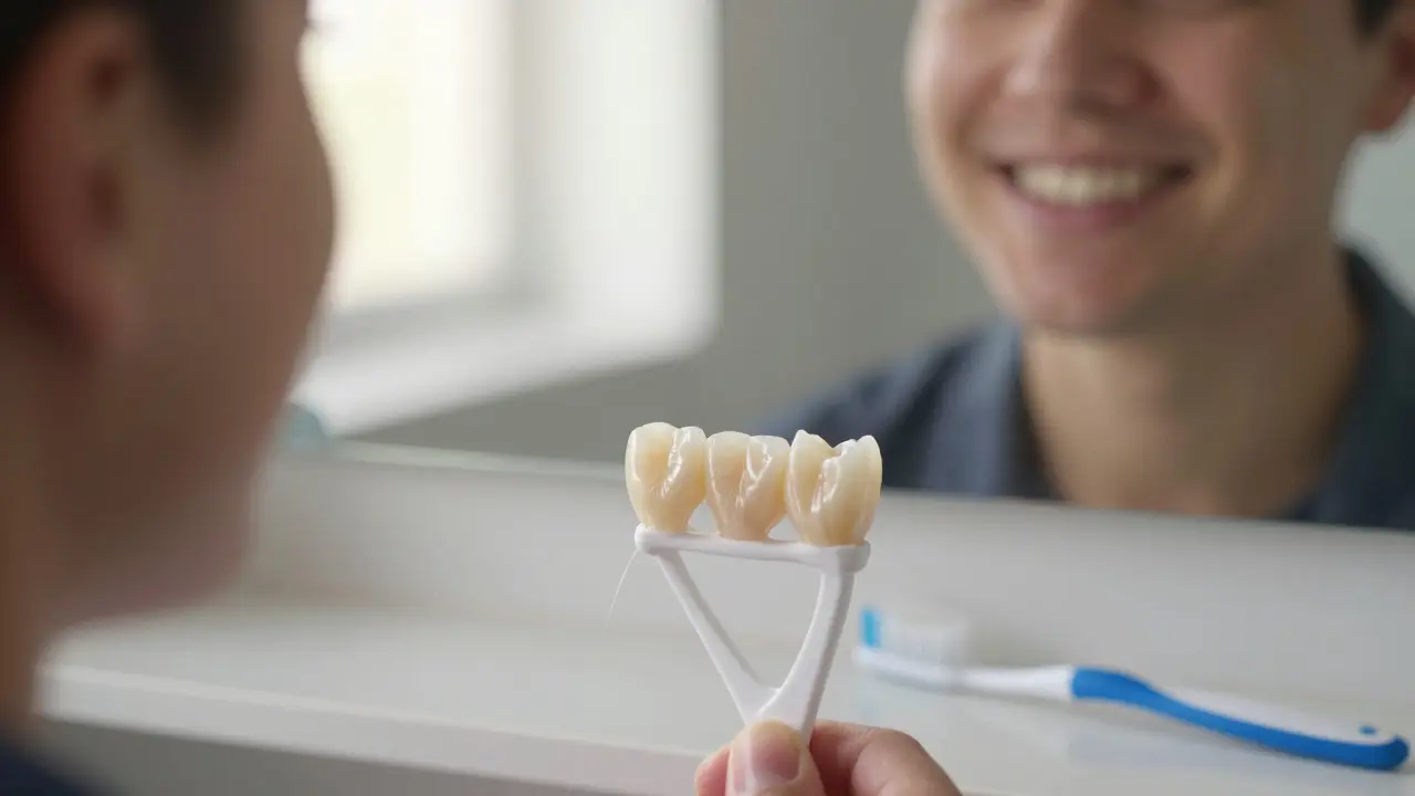 Patient smiling with a natural-looking ceramic crown blending seamlessly with teeth.