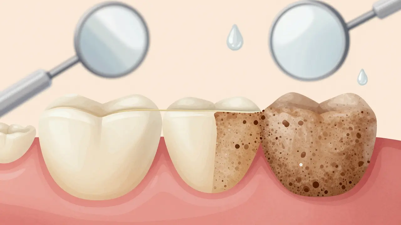 Příčný řez zubu ukazující měkký plak přecházející do tvrdého zubního kamene.