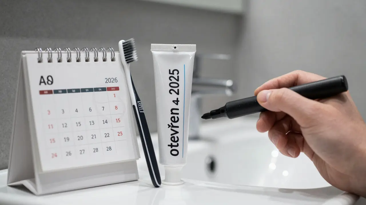 Ruka píše datum otevření na tubě zubní pasty, vedle ní kalendář s označeným dnem.
