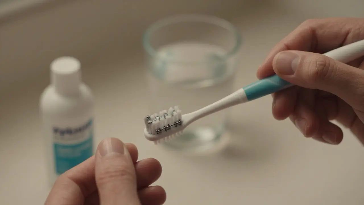 Ruka používá interdentalní kartáček k čištění pod kovovými dráty rovnátek.