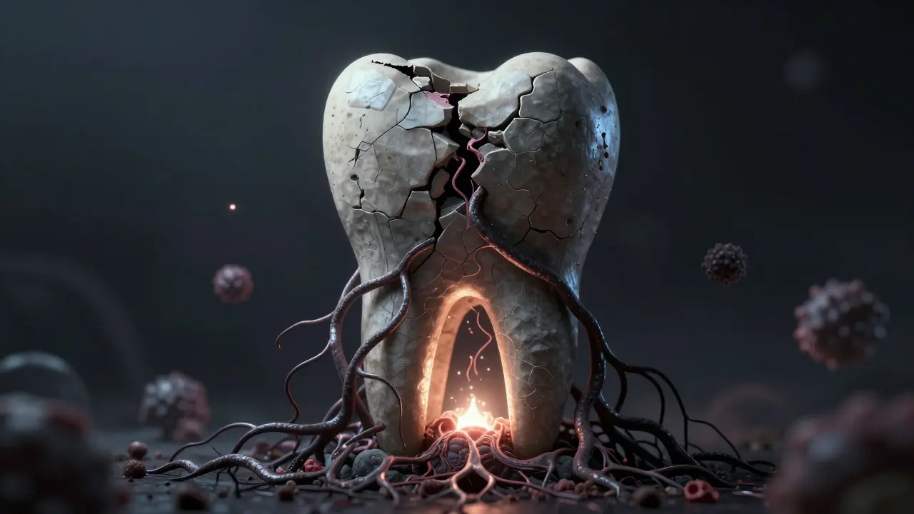 Symbolický obraz prasklého zubu s bakteriemi šířícími se do čelisti jako temné plísně.