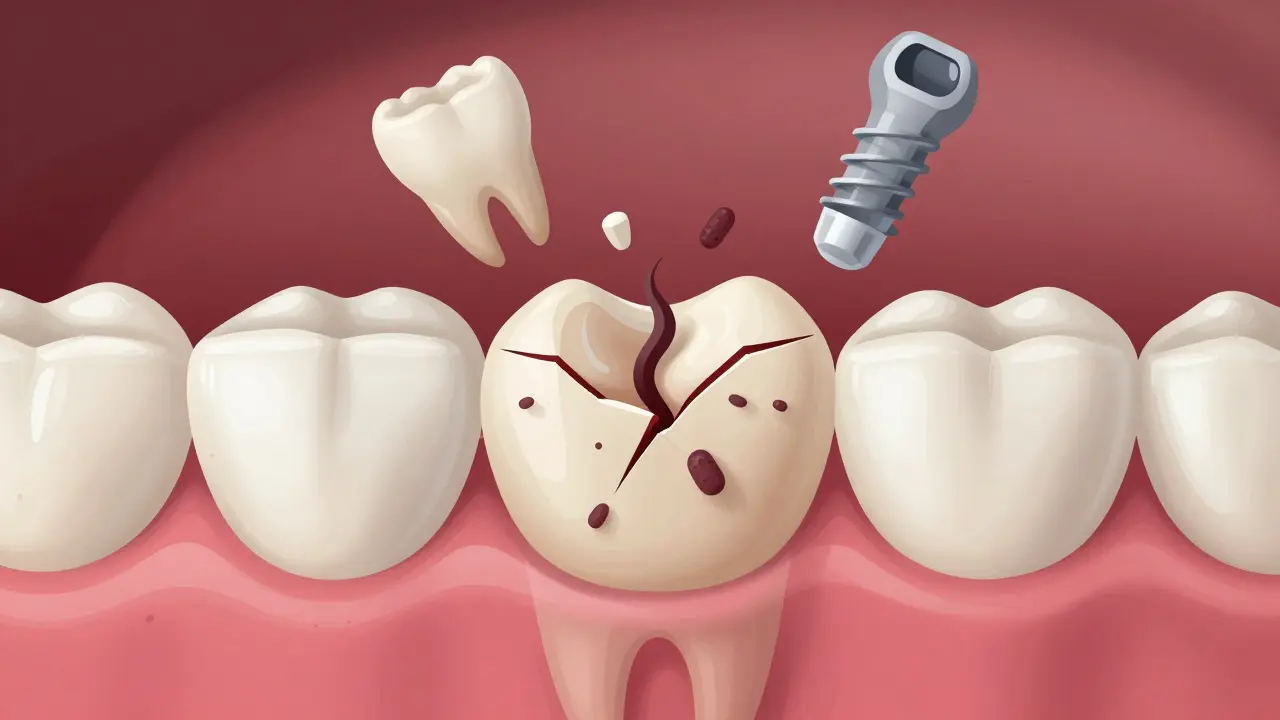 Symbolický obrázek poškozeného zubu s bakteriemi a možnými řešeními.