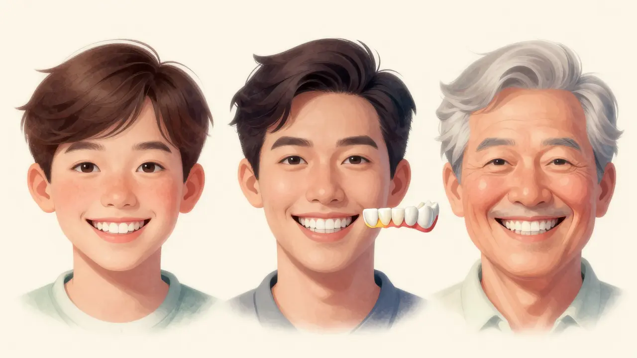 Timeline illustrating optimal timing for dental veneers across different life stages.