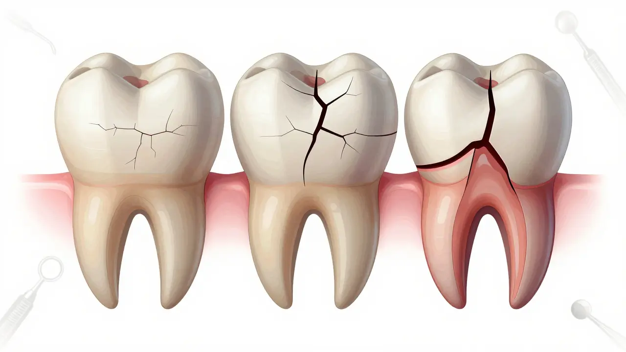 Tři typy prasklin v zubní sklovině: povrchové, dosahující drážky a až ke kořeni.