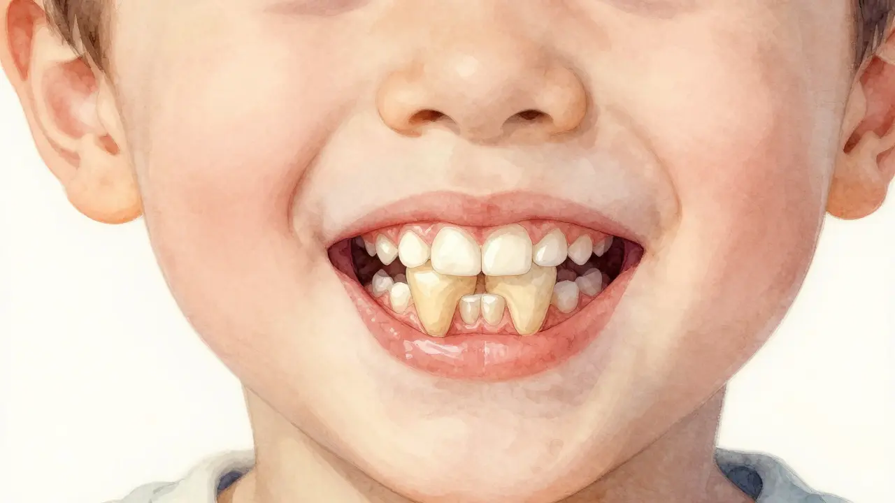 Vývoj mléčného a trvalého zubu v čelisti, znázorněný jemnými vodovými barvami.