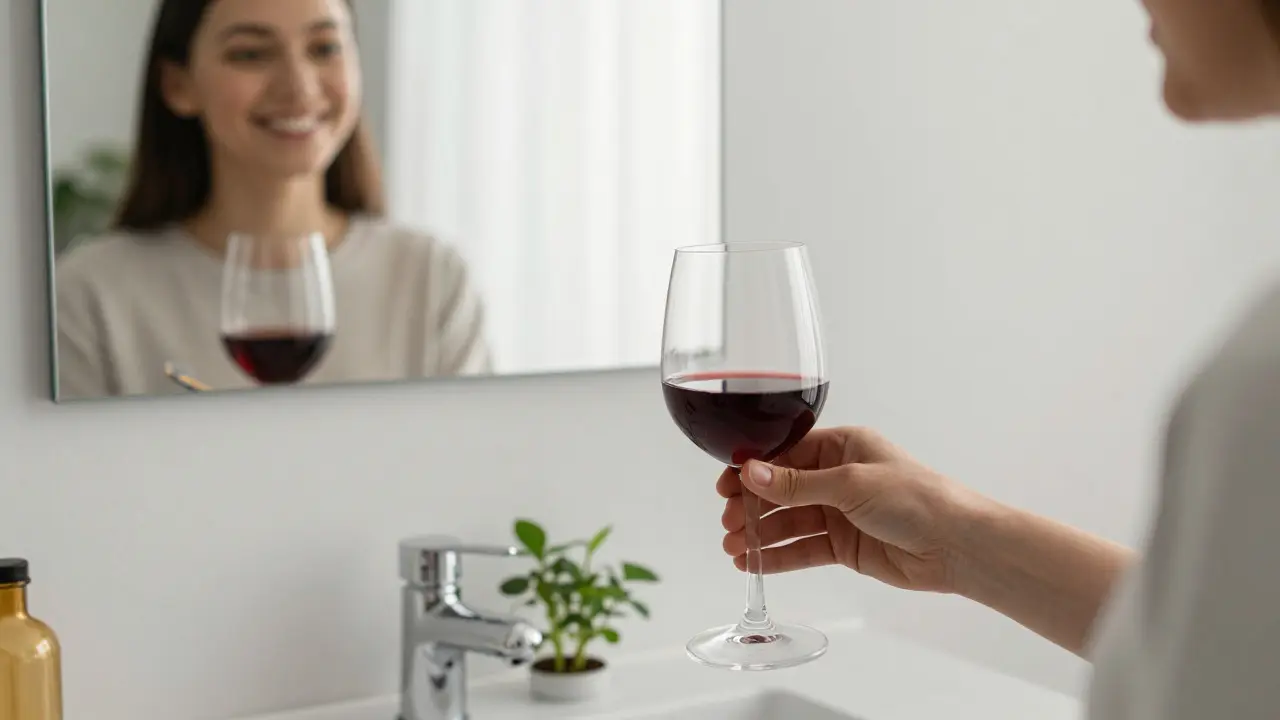 Zdravý přirozený úsměv v zrcadle s číškou červeného vína a kartáčkem.