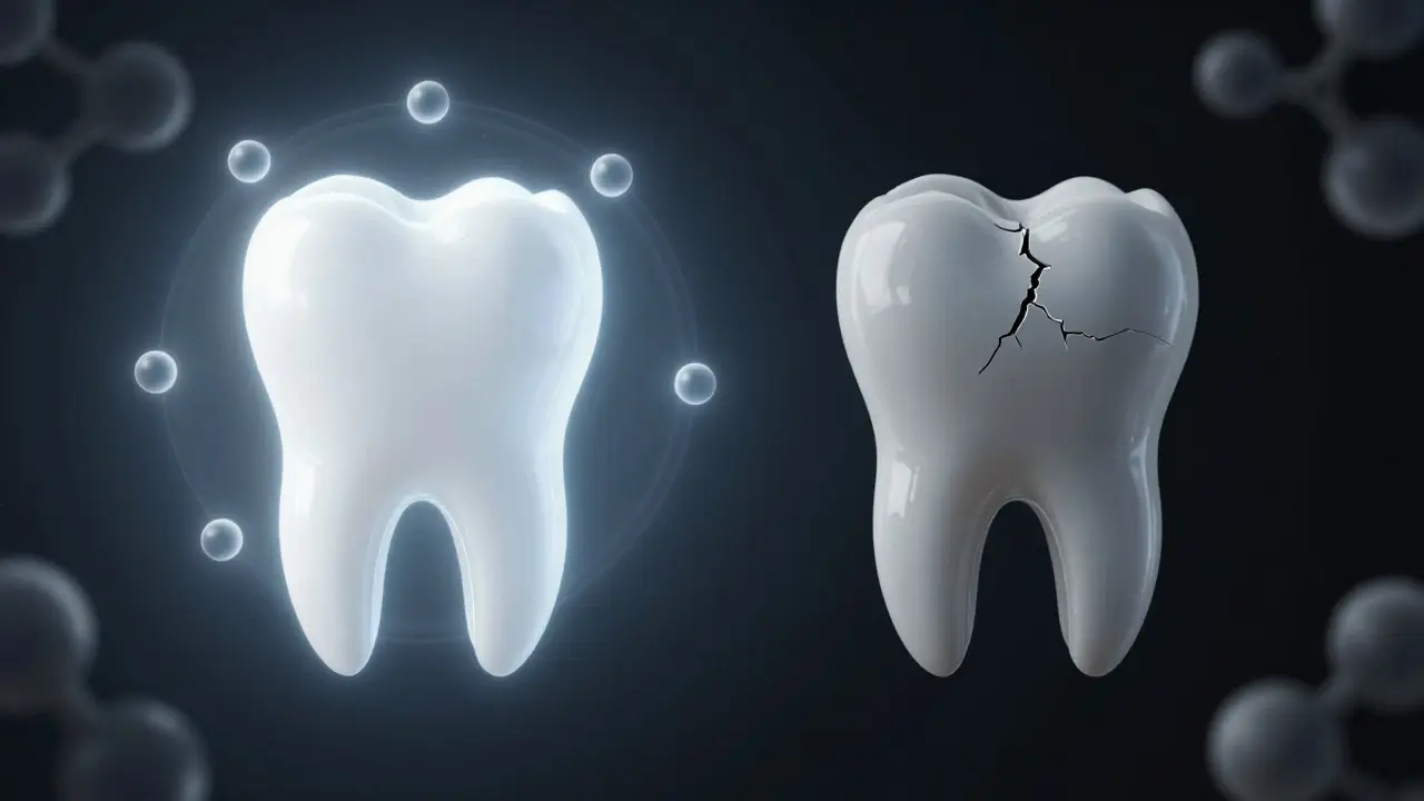 Zub s postupně mizícími fluoridovými ionty, znázorňující úbytek účinnosti.