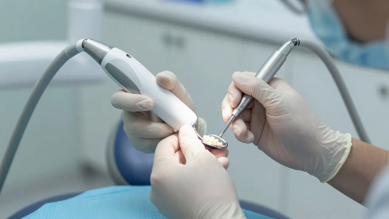 Zubní lékař čistí keramické fajety ultrazvukovým čističem