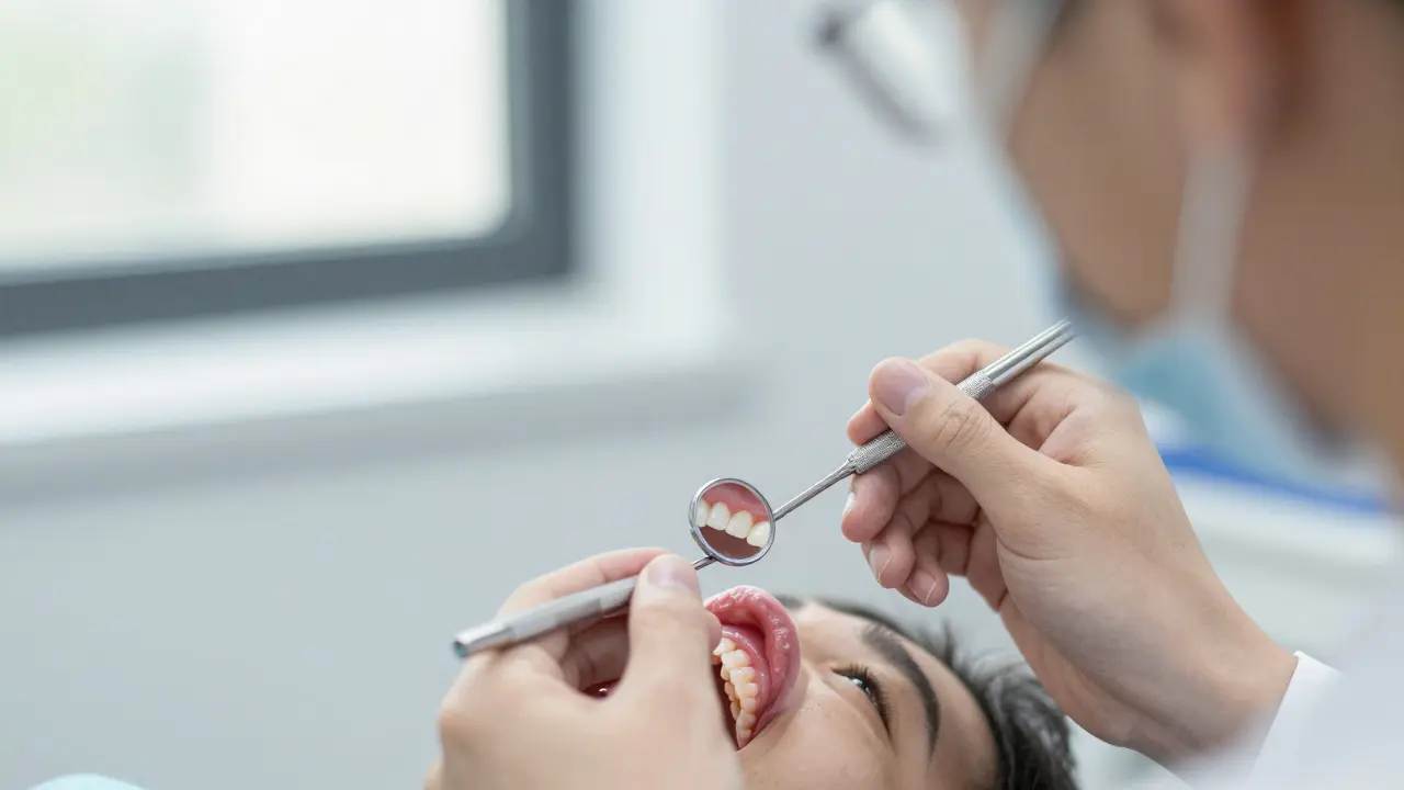 Zubní lékař prohlíží ústa pomocí zrcátka