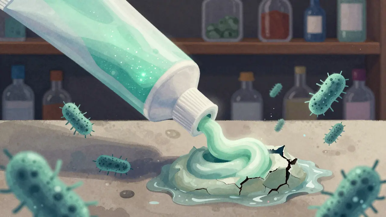 Zubní pasta se mění z čerstvé do rozpadlé formy, s mikroby ve vzduchu kolem ní.