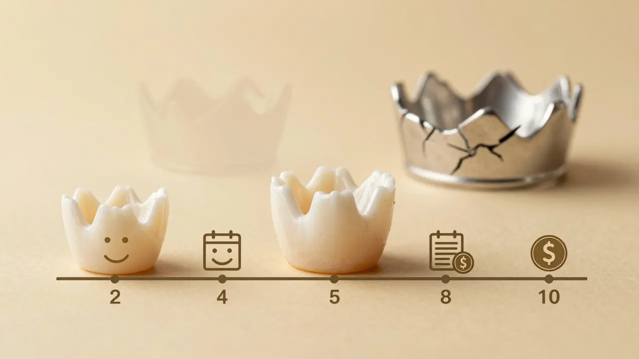 A zirconia crown on a timeline representing 18 years of durability, with symbols of health and savings.