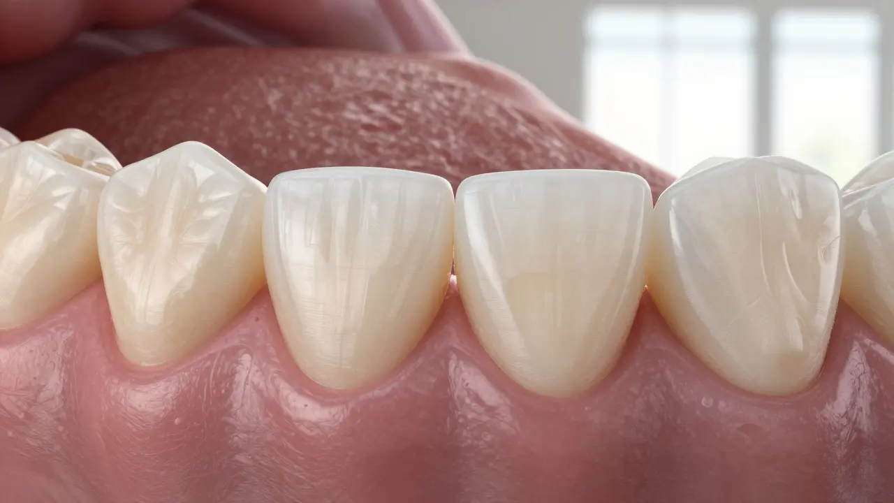 Ceramic onlay seamlessly bonded to a molar, blending with natural tooth structure.