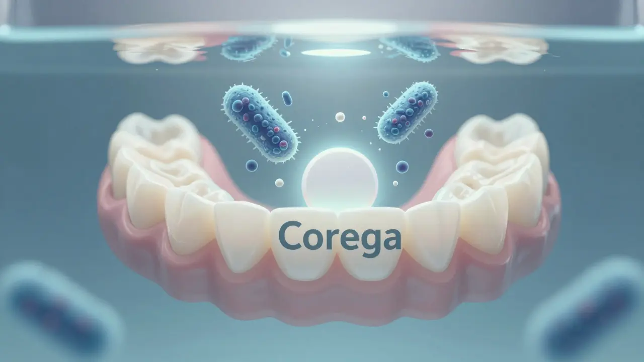 Čistění protézy v roztoku Corega, mikroskopické zobrazení bakterií a plaku, které se odstraňují.