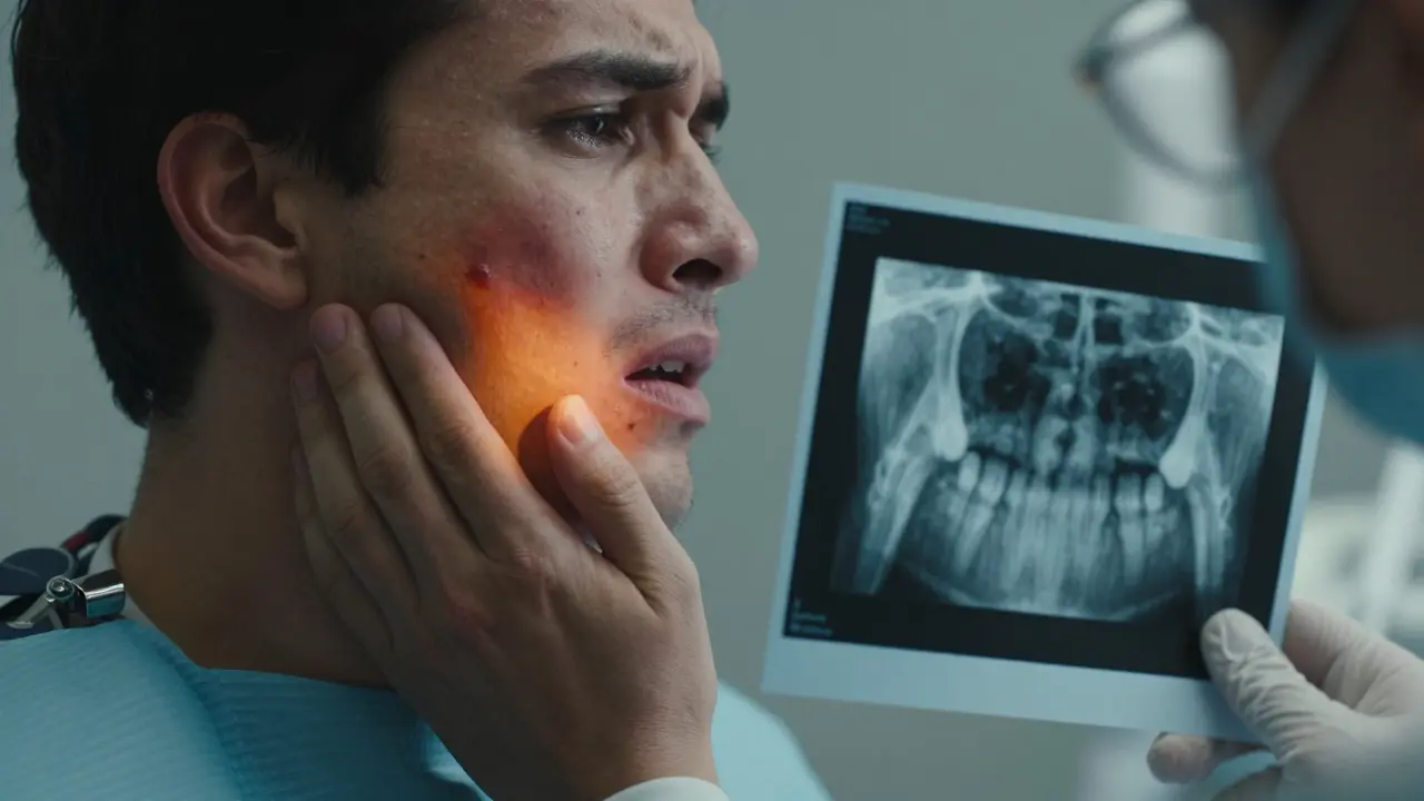 Člověk držící obličej s viditelným otokem a rentgenovým obrazem mrtvého zubu nad ním.
