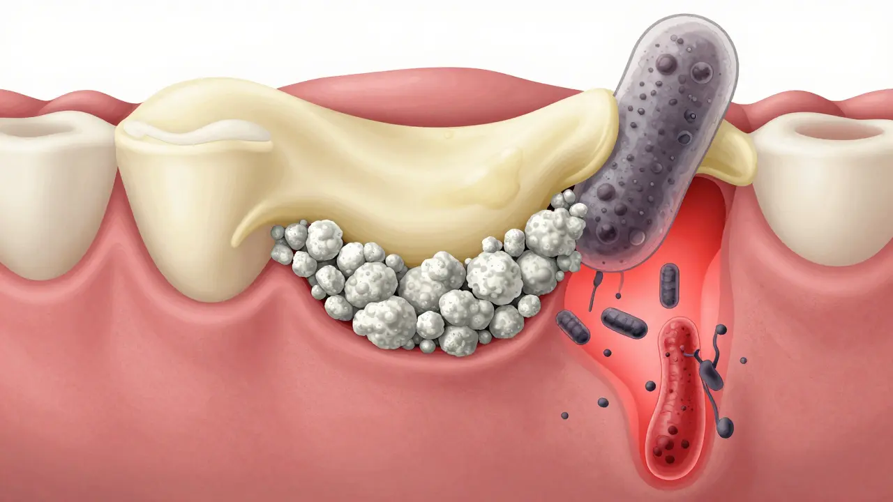 Cross-section showing plaque hardening into calculus and inflaming gum tissue.