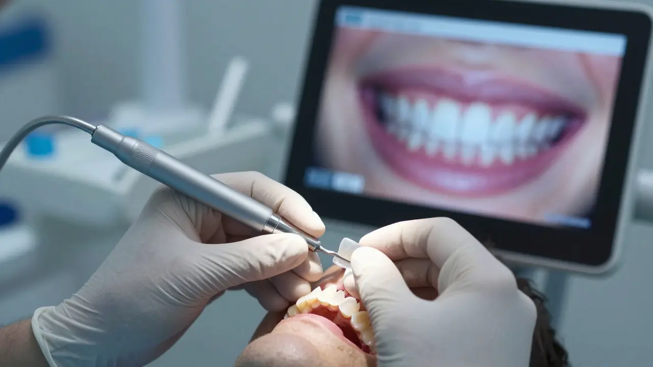 Dentista připevňuje keramickou fazetu na zub, na obrazovce se zobrazuje 3D transformace úsměvu.