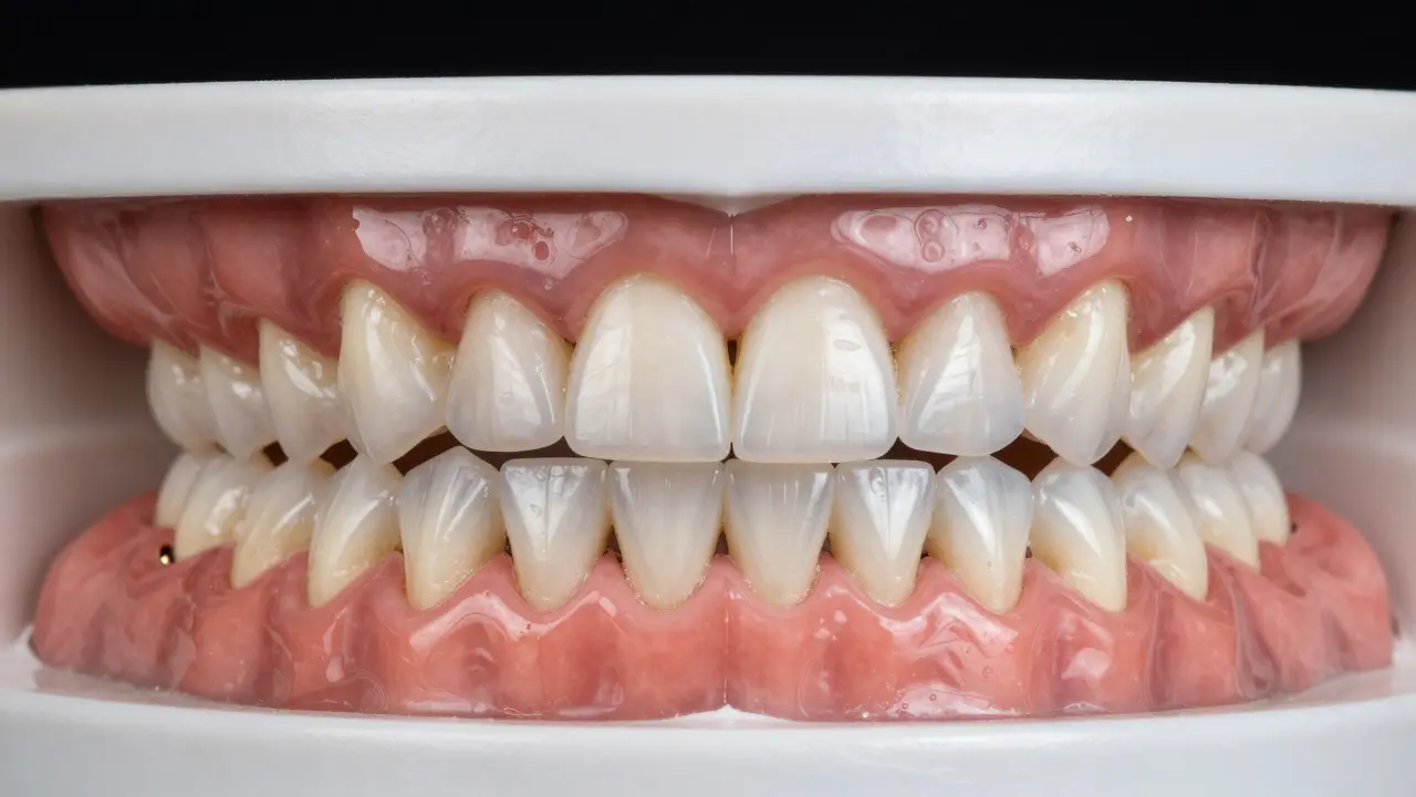 Dvě srovnávací modely zubů: před a po instalaci celokeramických fazet.