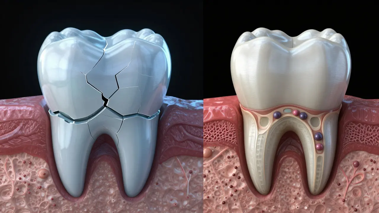 Dvoučástný obraz: křehká sklovině s kyselinnými poškozeními a pružná kost s regenerací.