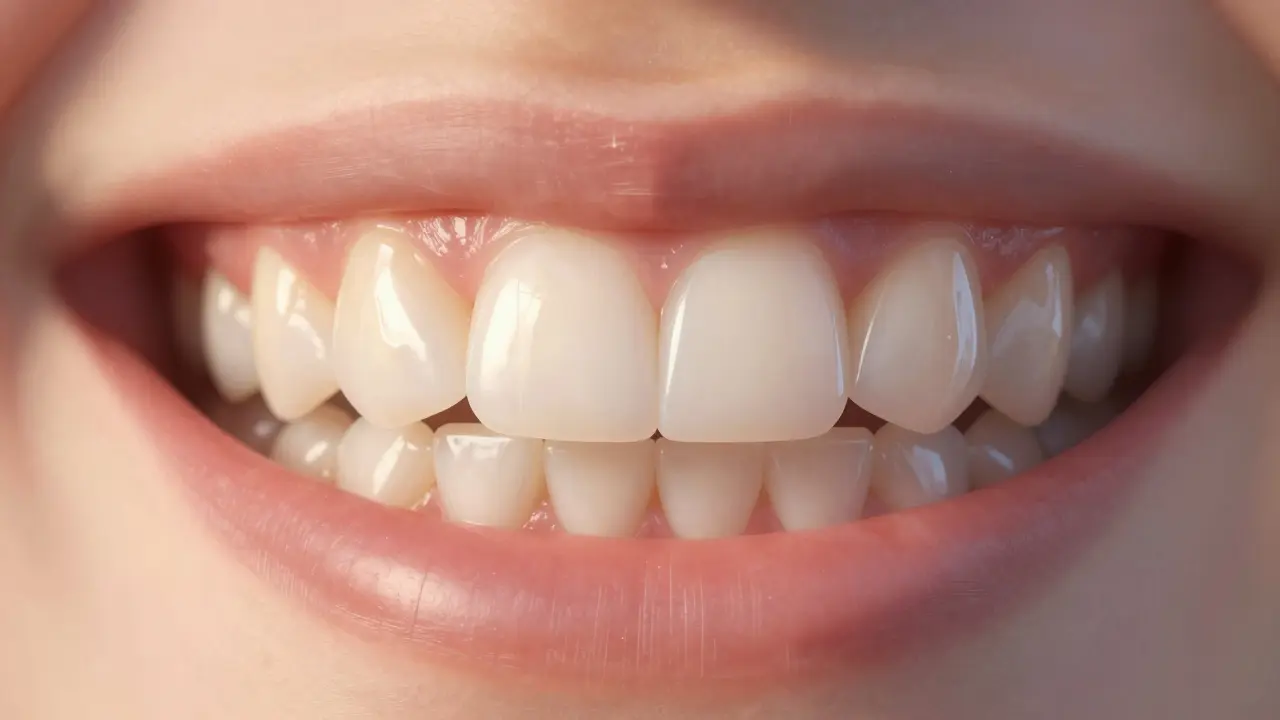 Keramická plomba v zubu s přirozeným leskem a odrazem světla.