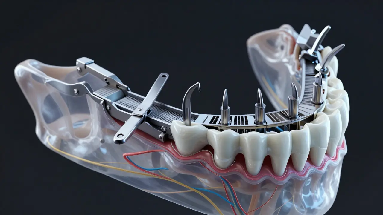 Koncepční řez čelistí jako strojní systém, kde každý zub má svou funkci jako nástroj.
