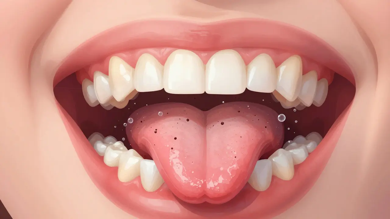 Křížový řez jazyka a zubů, kde zubní kámen a bakterie mizí, zatímco zdravé tkáně září.