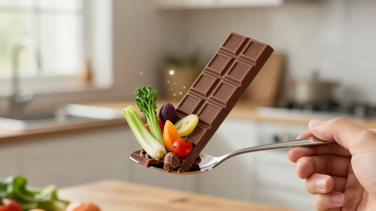Lžíce s čokoládou, která se mění v ovoce a zeleninu, když se přibližuje k ústům.
